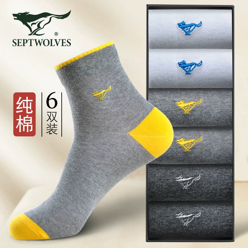 Seven Wolves Autumn Socks Men's Cotton Mid-Height Anti-odor, Sweat-Absorbing, Antibacterial, Breathable, Thin Cotton Business Socks for Men