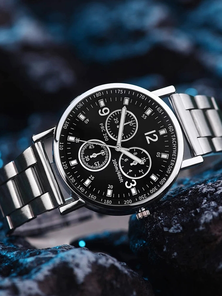 2025 New Fashion Trend Watches Men's Steel Belt Quartz Watch Business Casual Waterproof Luminous Three-Eye Six Needles