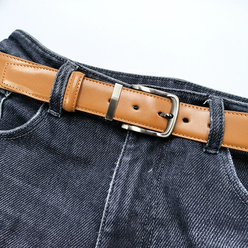Belt men's leather pinbuckle cowhide belt authentic pants belt commuter business soft narrow 3.3 wide trousers formal holes
