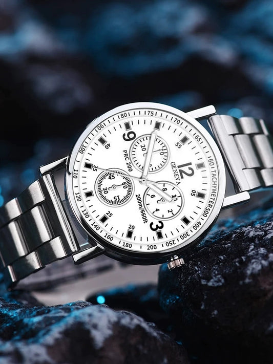 2025 New Fashion Trend Watches Men's Steel Belt Quartz Watch Business Casual Waterproof Luminous Three-Eye Six Needles